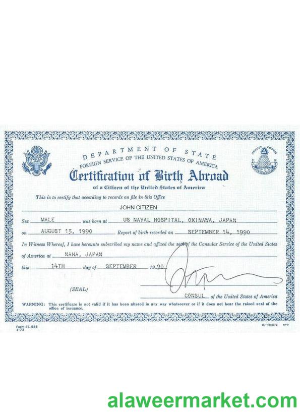 USA certification of birth abroad